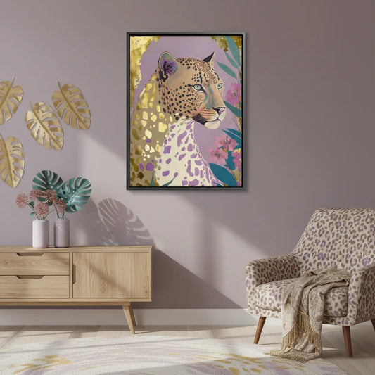 Framed glam leopard canvas art hanging in a lilac-toned room above a light wood console table.