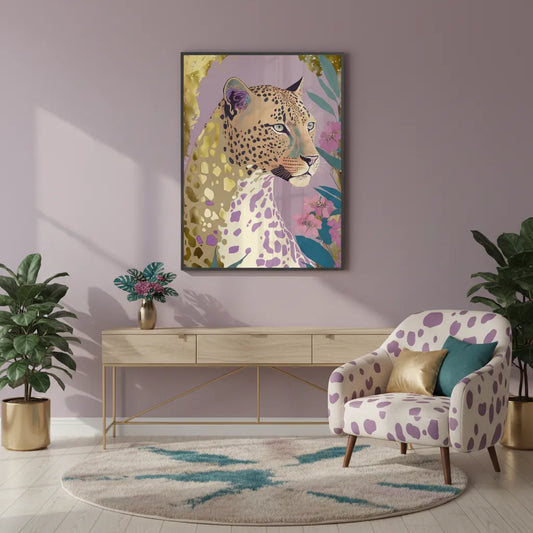 Framed glam leopard fine art print hanging in a lilac-colored room above a console table.