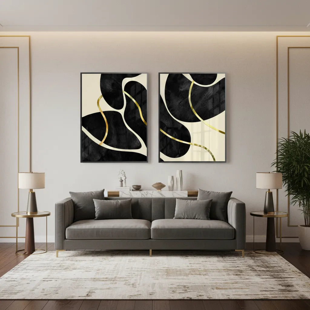 Golden Meander Set of 2 - Fine Art - Jasmineart.ae