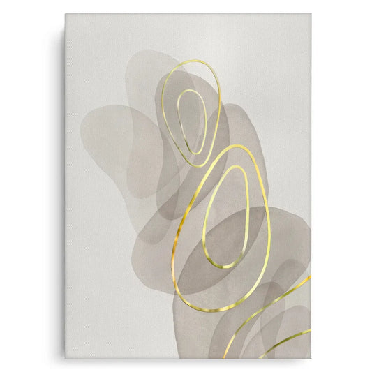 Abstract minimal canvas print, beige gray organic shapes, gold foil lines art, neutral modern wall decor