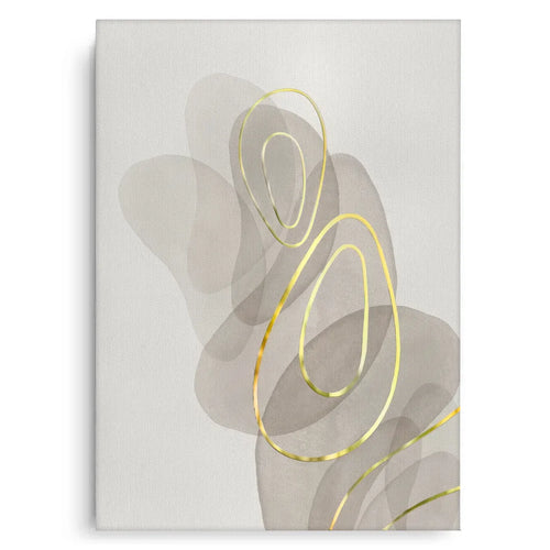 Abstract minimal canvas print, beige gray organic shapes, gold foil lines art, neutral modern wall decor