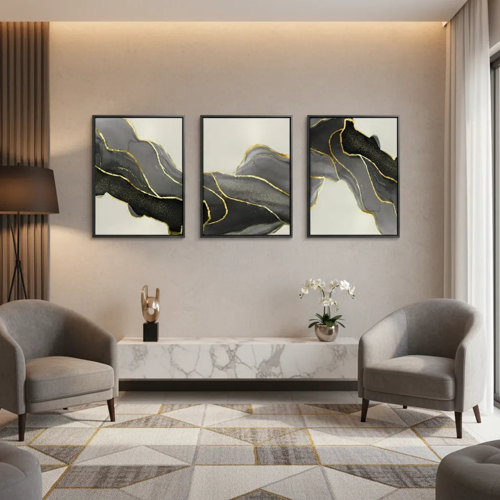 Golden Veins Set of 3 - Canvas - Jasmineart.ae