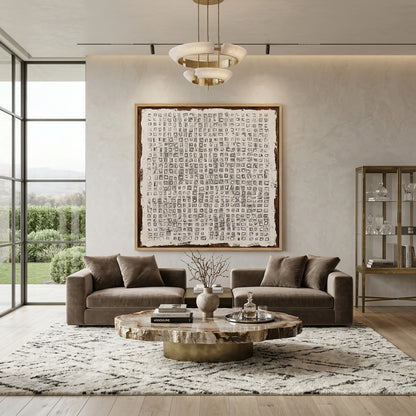 Minimalist 'Grid Logic' canvas art with 3D raised lines and subtle shadow play, bringing architectural order to a contemporary Abu Dhabi apartment.
