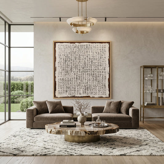 Minimalist 'Grid Logic' canvas art with 3D raised lines and subtle shadow play, bringing architectural order to a contemporary Abu Dhabi apartment.