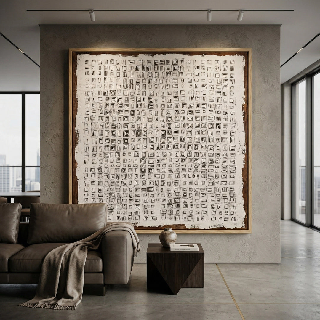 Modern 'Grid Logic' abstract art with a high-precision geometric layout, premium structural wall decor available in the UAE.