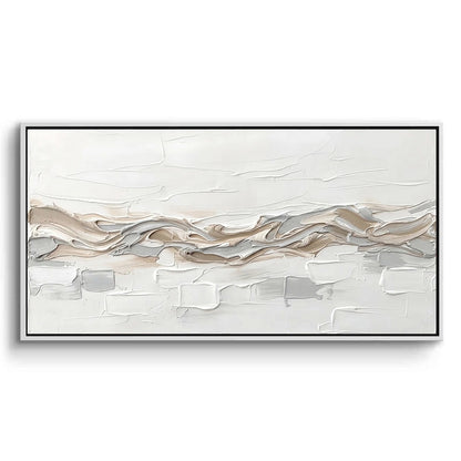 Soft 'Horizon Mist' abstract landscape painting in tranquil blues and seafoam green, a calming art piece for a luxury Dubai beachfront apartment.