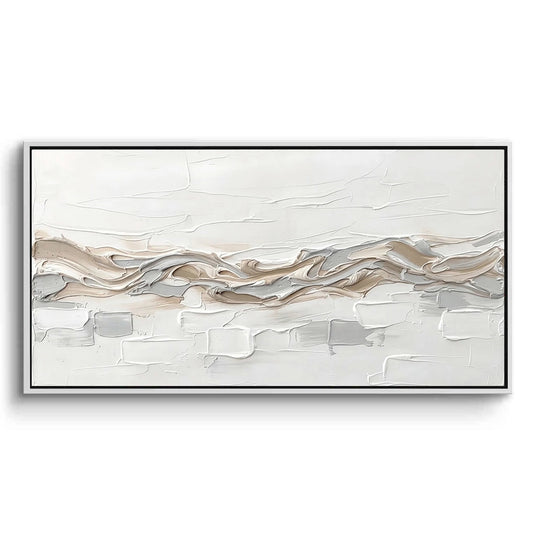 Soft 'Horizon Mist' abstract landscape painting in tranquil blues and seafoam green, a calming art piece for a luxury Dubai beachfront apartment.