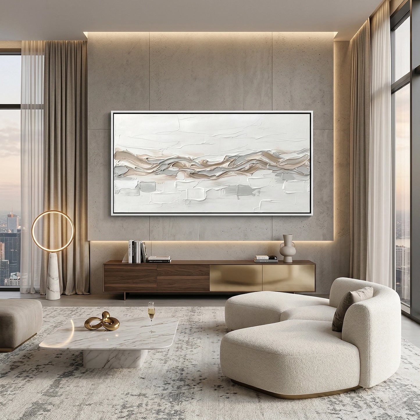 2Ethereal 'Horizon Mist' photography with a blurred ocean horizon, perfect for creating a serene focal point in a contemporary UAE living room.