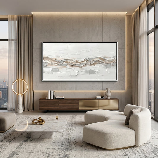 Ethereal 'Horizon Mist' photography with a blurred ocean horizon, perfect for creating a serene focal point in a contemporary UAE living room.