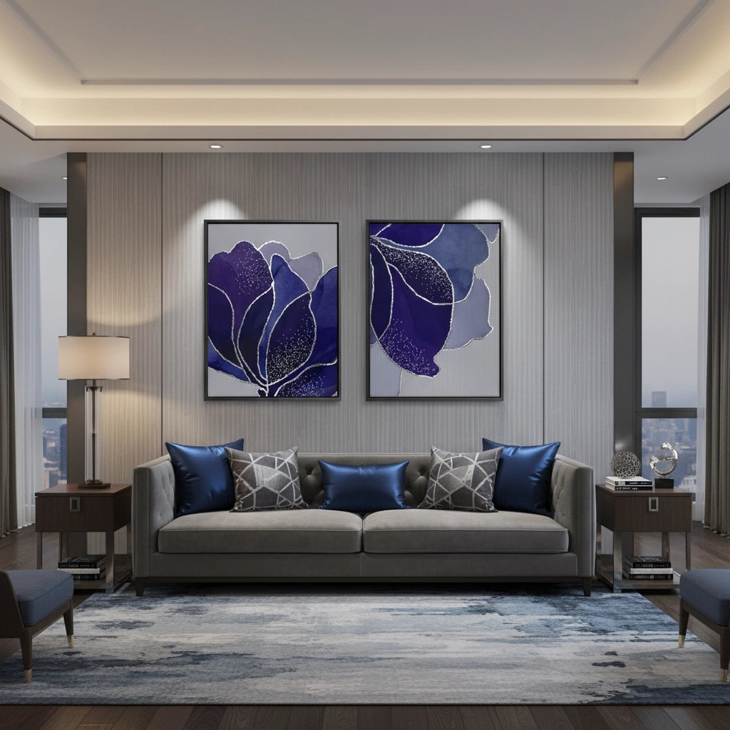 2Indigo Sparkle Floral Set of 2 - Canvas