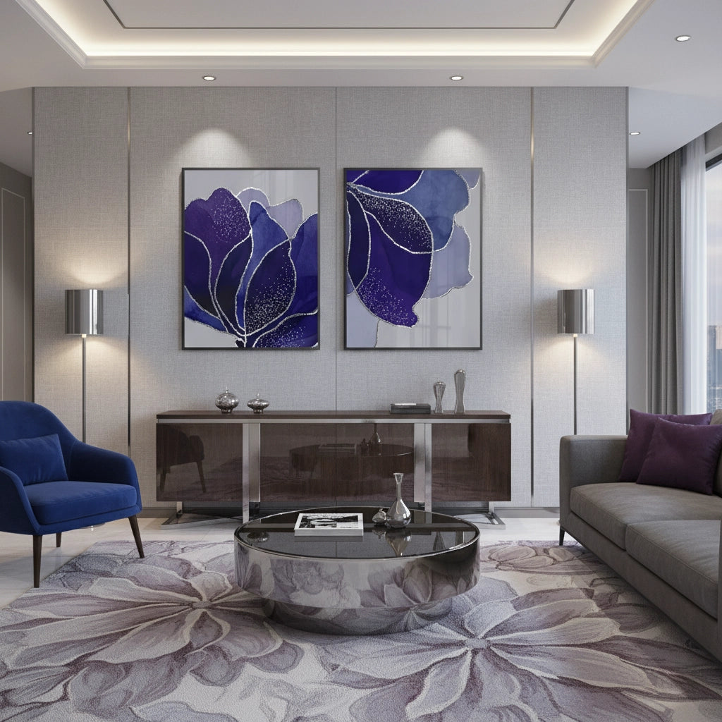 2Indigo Sparkle Floral Set of 2 - Fine Art