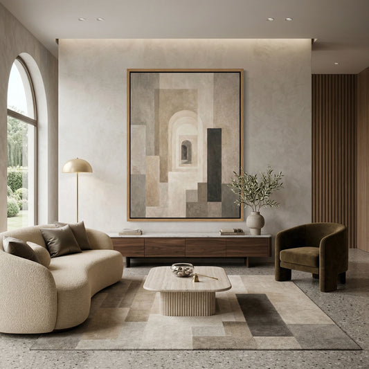Modern majlis in Abu Dhabi designed with InfiniteArchesAbstract structural plaster for an architectural, high-end look.
