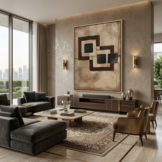 Contemporary Majlis in Abu Dhabi designed with Intersecting Umber textured panels for a warm, architectural feel.