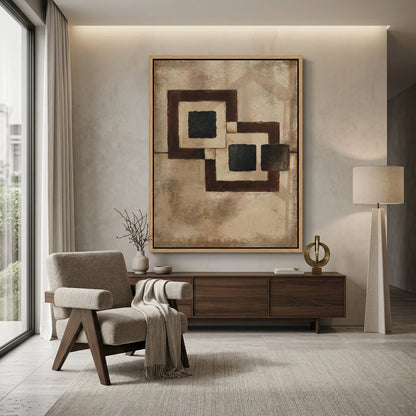 Modern luxury living room in Dubai featuring a bold Intersecting Umber geometric feature wall.