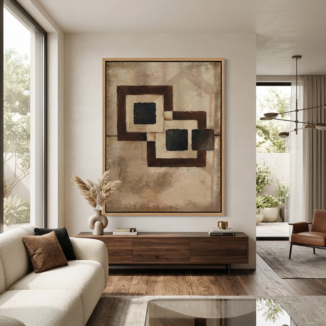 Detailed swatch of Intersecting Umber geometric relief wall coating for premium UAE interior projects.