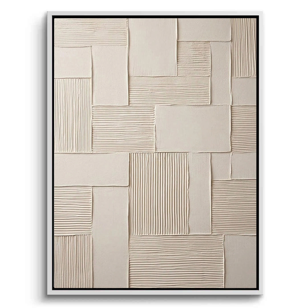 Hand-textured linear plaster wall art in a soft off-white finish, a minimalist statement piece for a Japandi-style villa in Dubai.