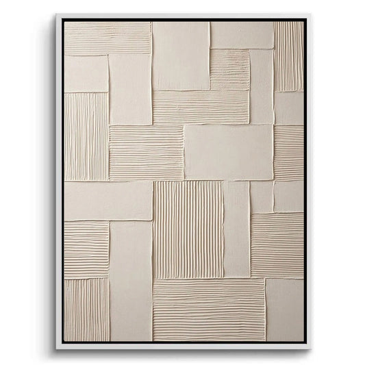 Hand-textured linear plaster wall art in a soft off-white finish, a minimalist statement piece for a Japandi-style villa in Dubai.