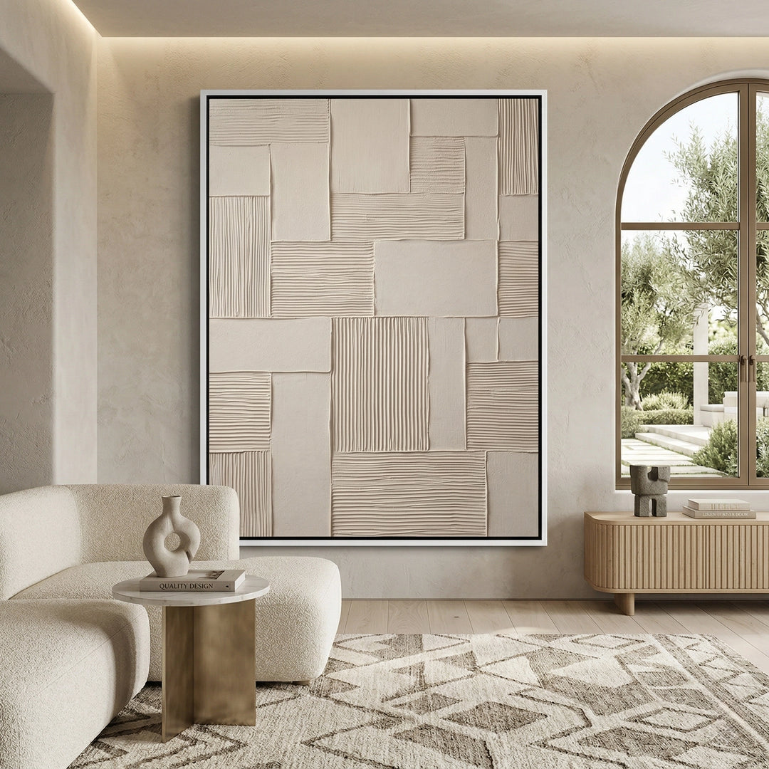 Vertical linear plaster abstract painting featuring deep grooves and shadow play, perfect for a modern gallery-style hallway in Abu Dhabi.