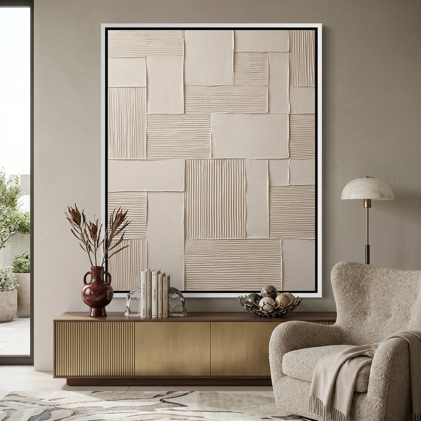 2Minimalist linear plaster canvas art with a matte stone texture, premium neutral wall decor available in the UAE.