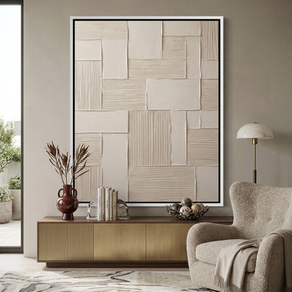 Minimalist linear plaster canvas art with a matte stone texture, premium neutral wall decor available in the UAE.