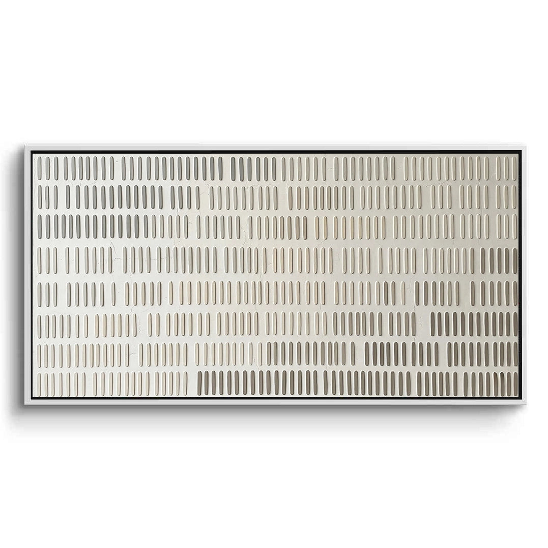 2Large 'Linear Rhythm' abstract painting featuring repetitive vertical gold and charcoal lines, a sophisticated statement for a luxury Dubai office.