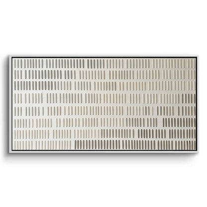 Large 'Linear Rhythm' abstract painting featuring repetitive vertical gold and charcoal lines, a sophisticated statement for a luxury Dubai office.