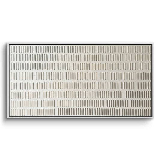 Large 'Linear Rhythm' abstract painting featuring repetitive vertical gold and charcoal lines, a sophisticated statement for a luxury Dubai office.