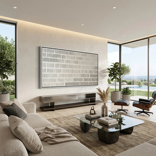 Minimalist 'Linear Rhythm' 3D textured canvas with a fluted plaster finish, adding vertical depth to a modern Abu Dhabi living room.