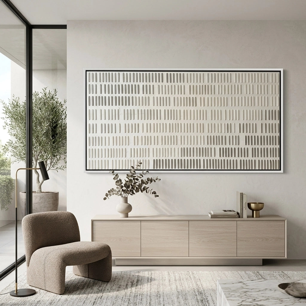 2Luxury 'Linear Rhythm' area rug with a high-low pile striped texture in shades of cream and silver, bringing a rhythmic flow to a Dubai lounge.