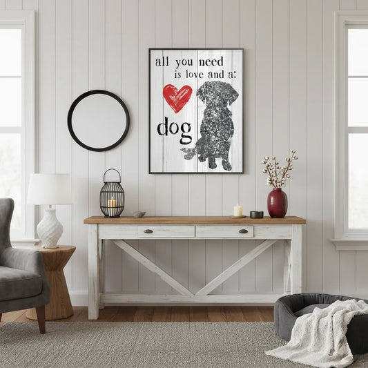 Framed dog quote fine art print hanging above a white console table in a bright, modern room.