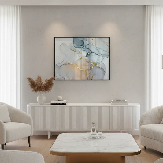 Framed abstract fine art print on wall in modern living room, gray and gold fluid art