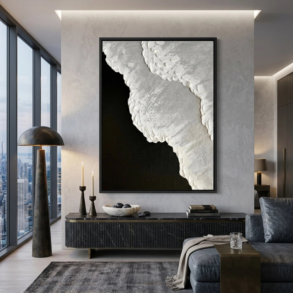 Modern midnight foam artwork featuring fluid patterns and moody elegance for luxury UAE homes