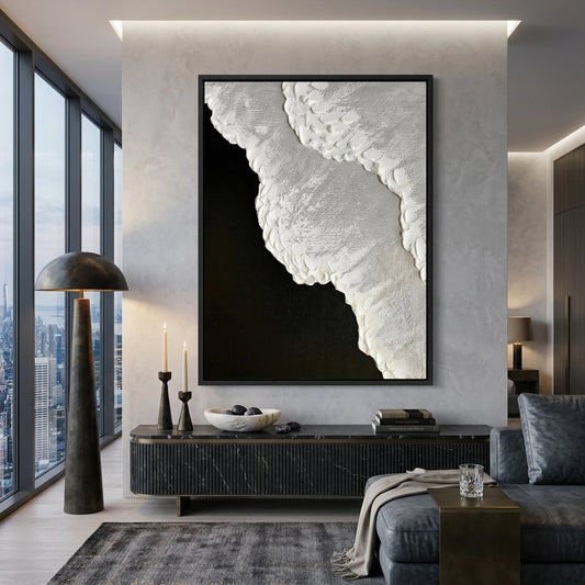 Modern midnight foam artwork featuring fluid patterns and moody elegance for luxury UAE homes
