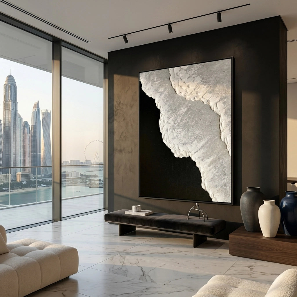 Abstract midnight foam canvas with rich black and grey textures for contemporary wall décor