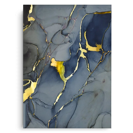 Grey, navy blue, and gold abstract canvas art, featuring flowing golden lines on a rich dark background UAE Dubai.