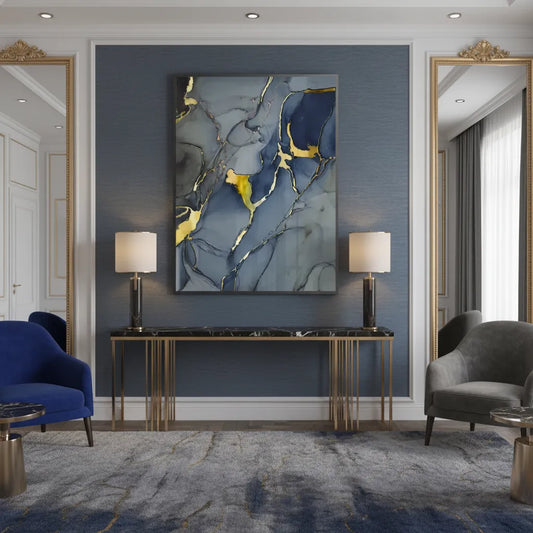 Elegant entryway with a large grey, navy blue, and gold abstract fine art print above a console table UAE Dubai.