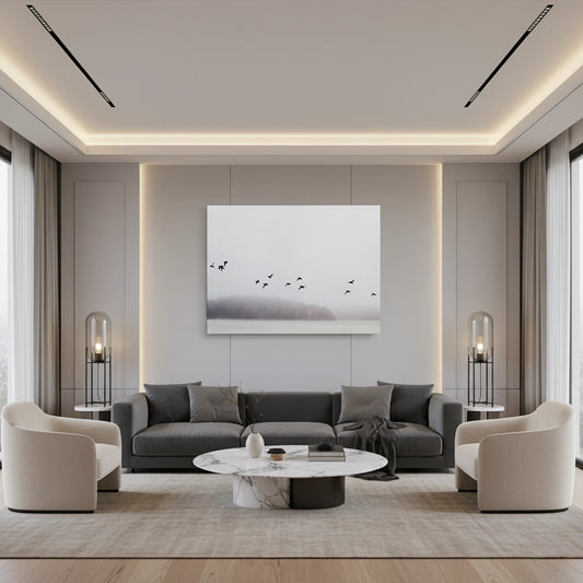 Minimalist Birds Over Misty Lake - Canvas