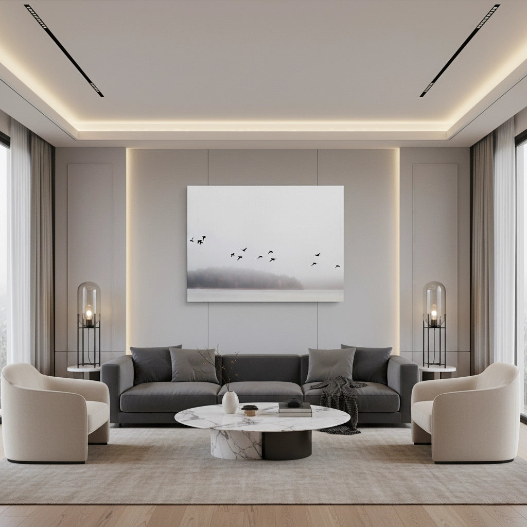 Minimalist Birds Over Misty Lake  - Canvas - Jasmineart.ae