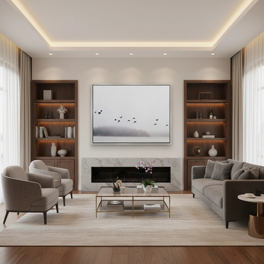 2Minimalist Birds Over Misty Lake  - Canvas