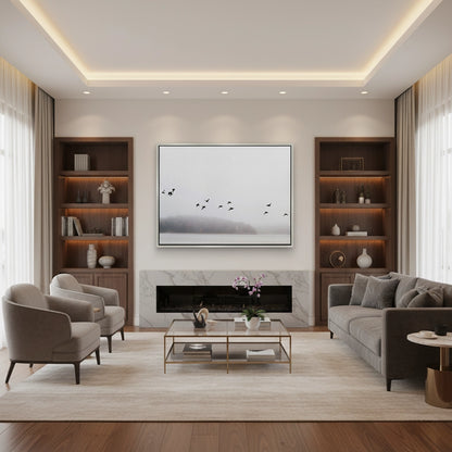 Minimalist Birds Over Misty Lake  - Canvas