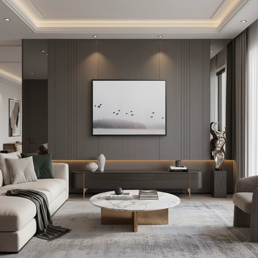 2Minimalist Birds Over Misty Lake  - Canvas