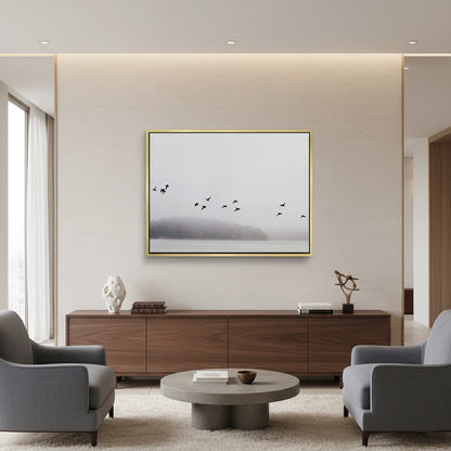 Minimalist Birds Over Misty Lake  - Canvas