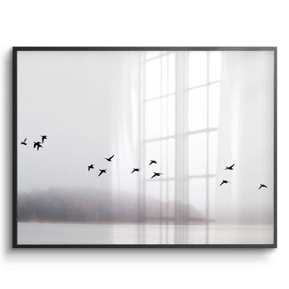 Minimalist Birds Over Misty Lake - Fine Art