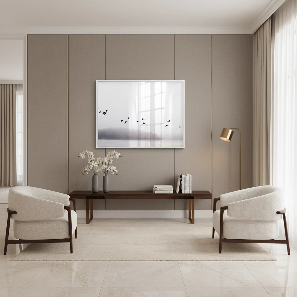 2Minimalist Birds Over Misty Lake - Fine Art