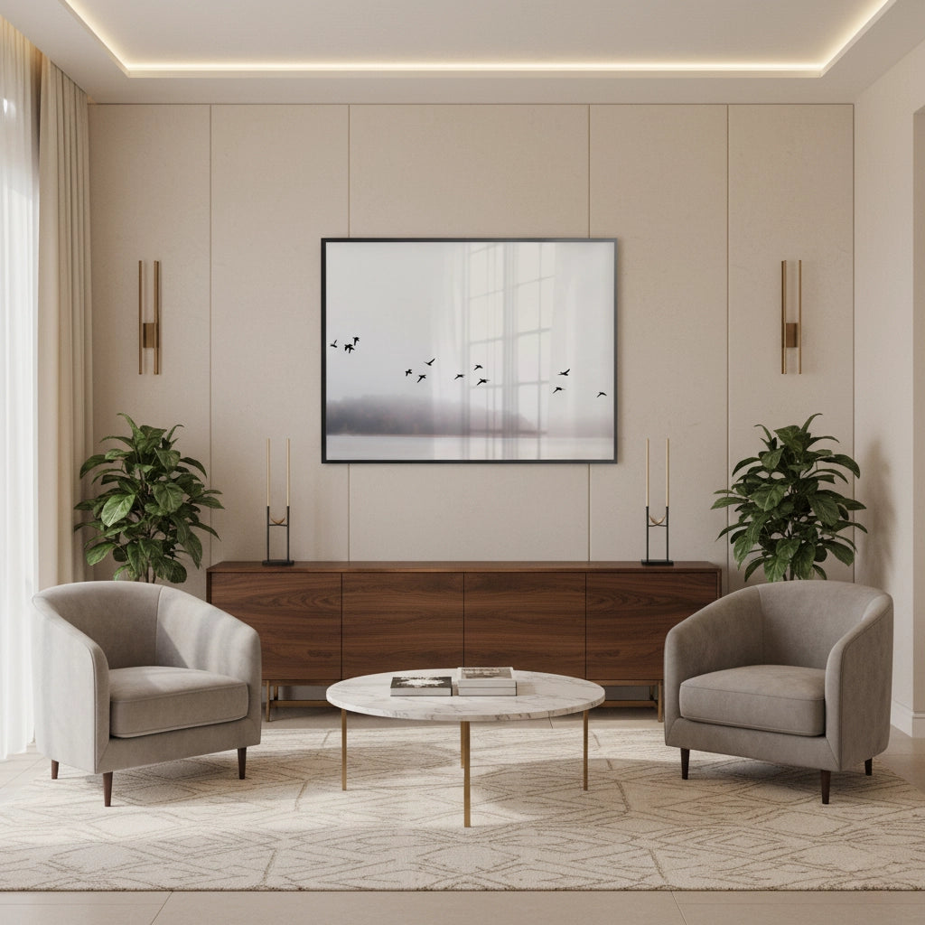 2Minimalist Birds Over Misty Lake - Fine Art