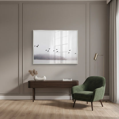Minimalist Birds Over Misty Lake - Fine Art