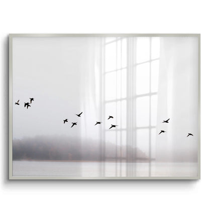 Minimalist Birds Over Misty Lake - Fine Art