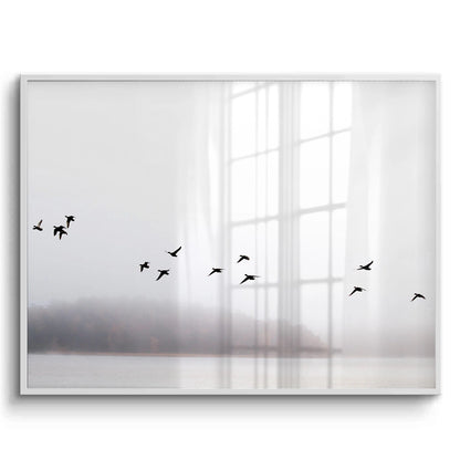 Minimalist Birds Over Misty Lake - Fine Art