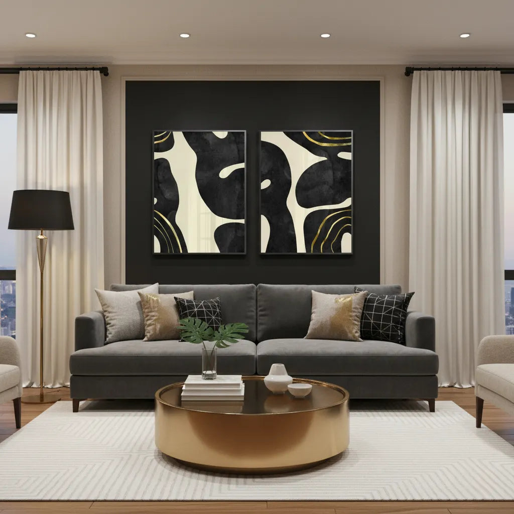 Minimalist Black and Gold Set of 2 - Fine Art - Jasmineart.ae