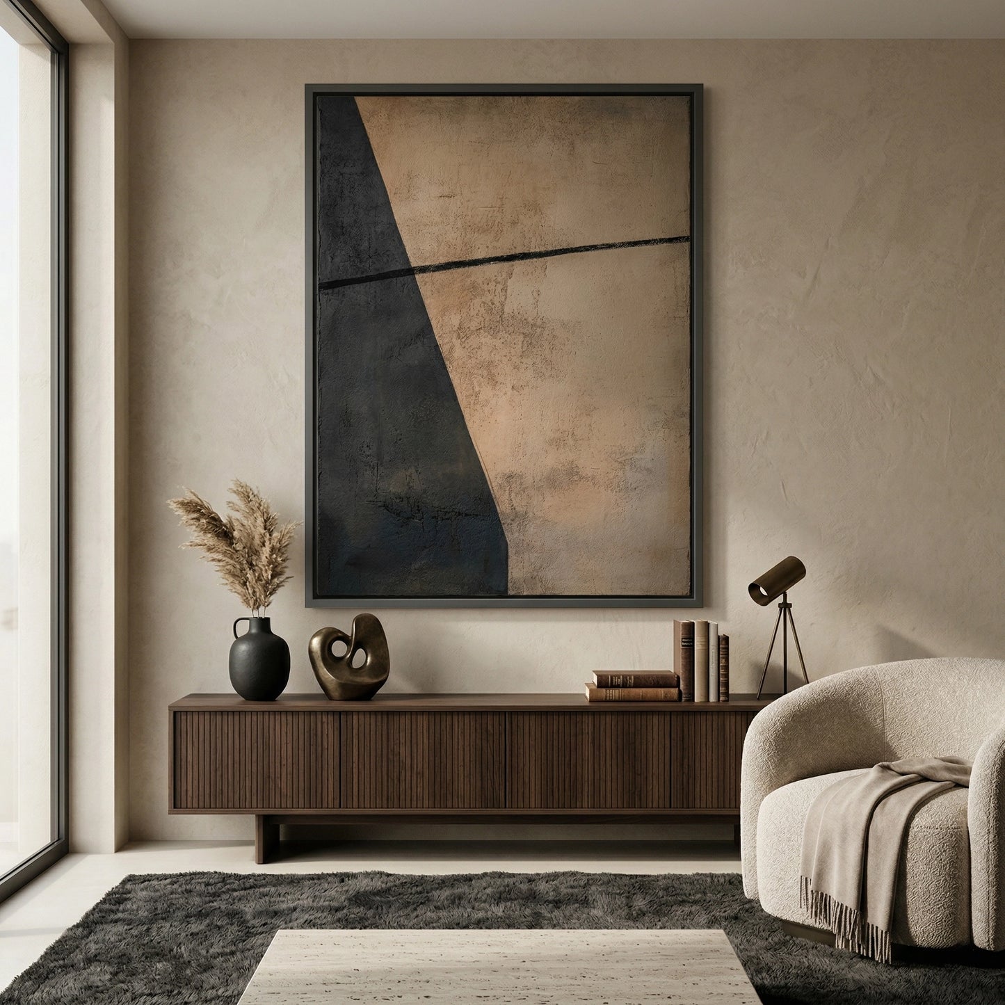 2Minimalist Divide canvas painting, clean lines and muted tones, contemporary UAE interiors
